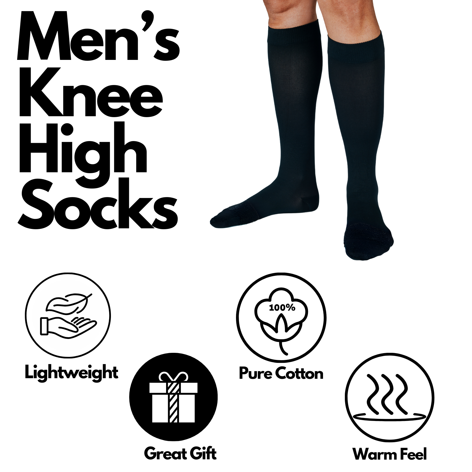 SUFFUSE Men Knee High Socks Extra Long Pure Cotton Comfortable Black White Socks Pack of 3 Pairs