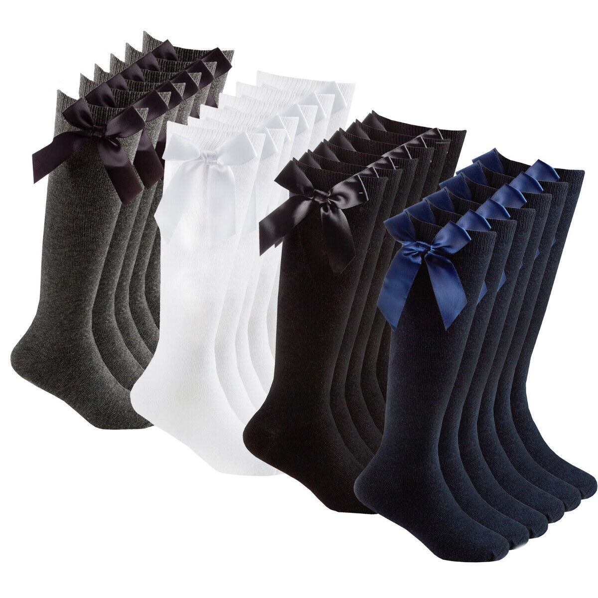 3 Pairs Women And Girls Knee High Bow Socks Extra Long Cotton With Satin Bow All Size